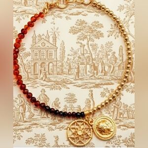 Natural Baltic Amber & Gold Balls Beaded Choker Necklace With Lion & Sun Pendant